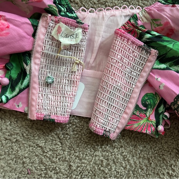 L'ATISTE Pink Ombre Green Floral Butterfly Zip Up Puff Sleeve Top NWT Size Large - Picture 10 of 12